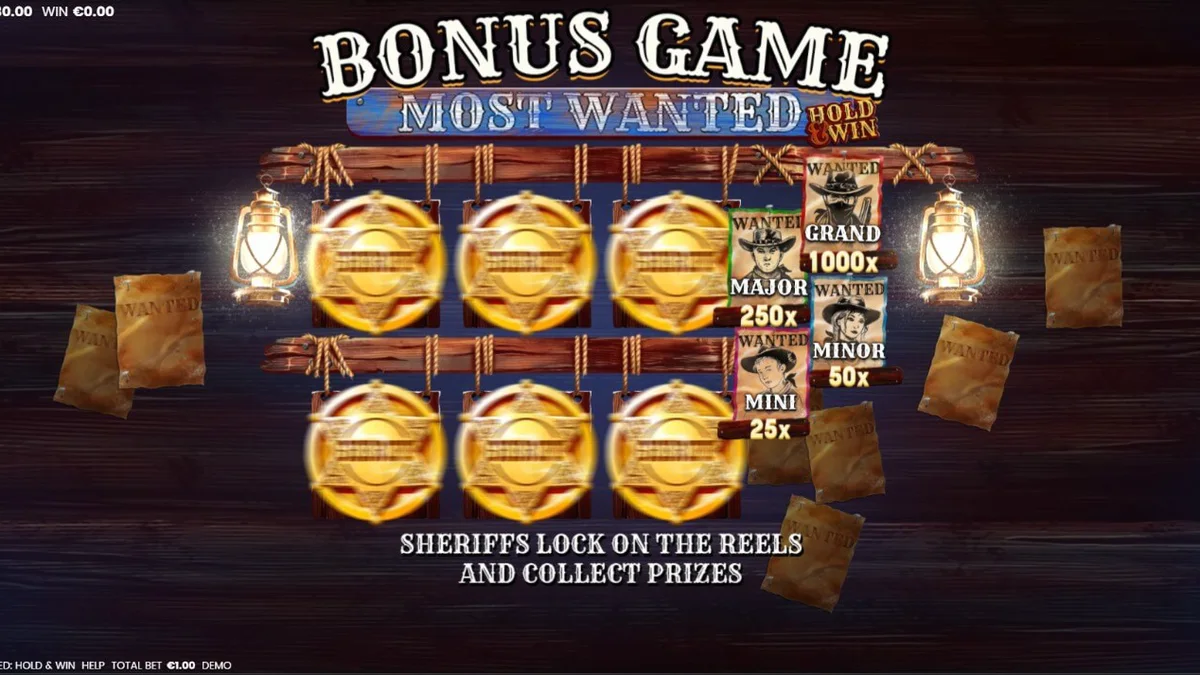 Most Wanted: Hold & Win slot gameplay interface