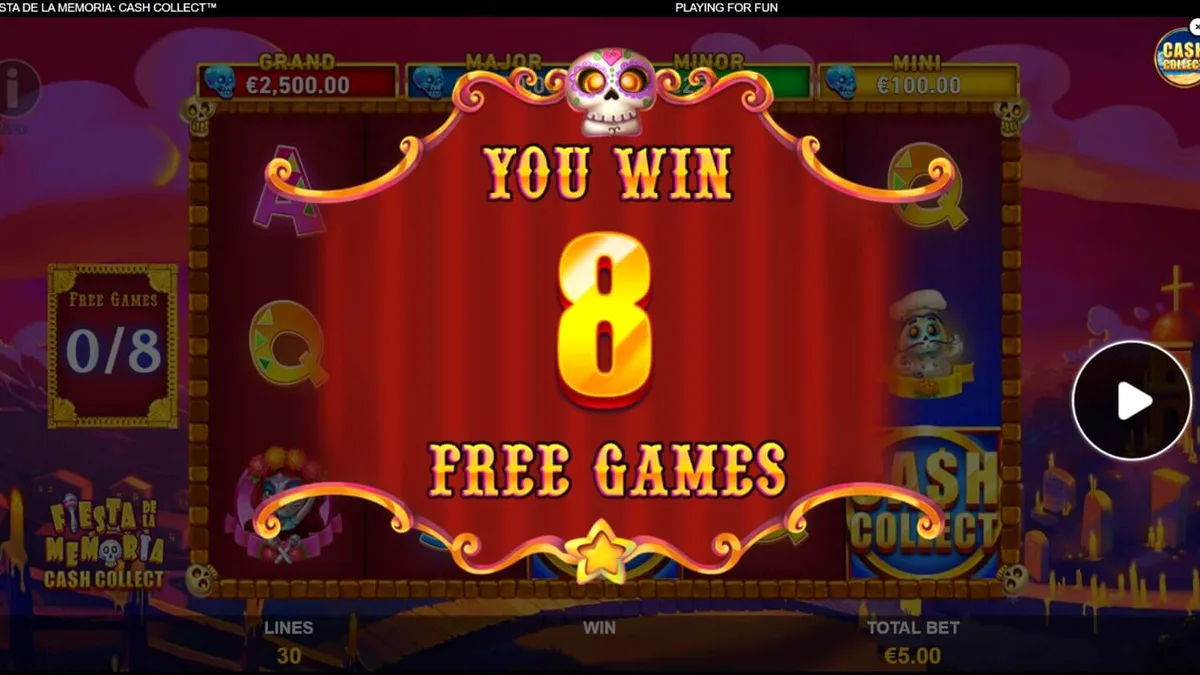Tampilan visual slot Fiesta de la Memoria Cash Collect dengan tema Día de los Muertos yang penuh warna.